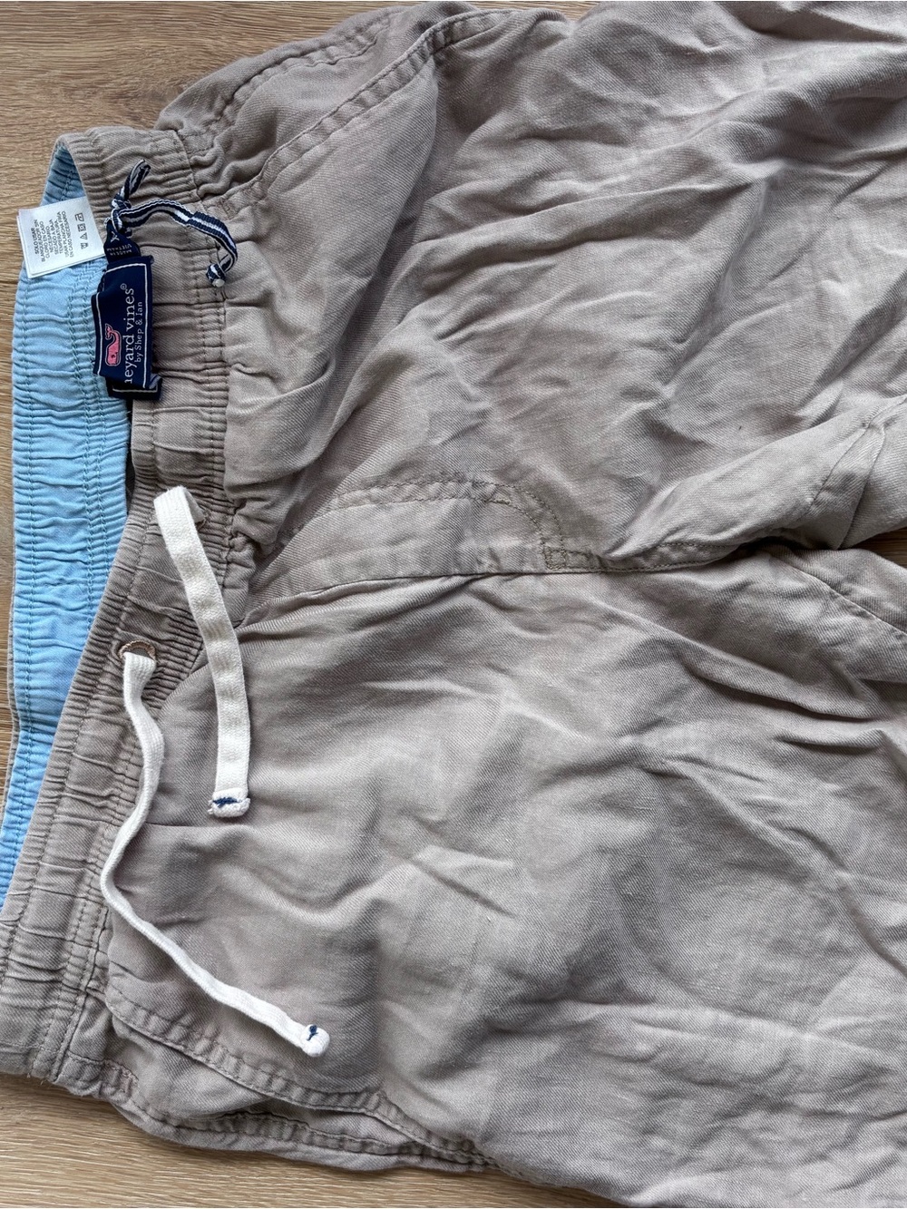Vineyard Vines Taupe Drawstring Shorts with Light Blue Waistband